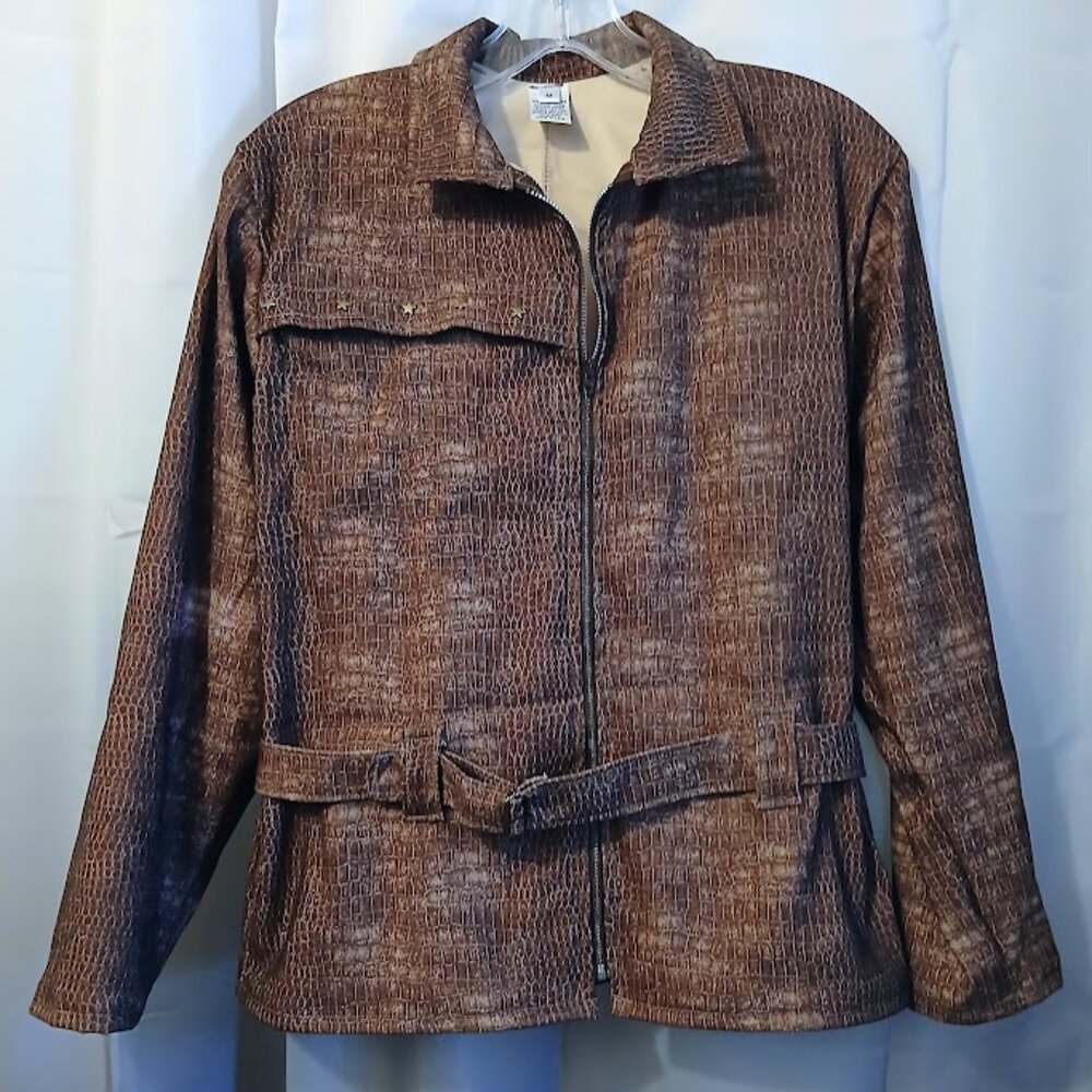 Nwt Basic Full zip up Jacket womens M Rich Brown Snakeskin print Tapered sleeve